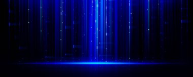 Parlak mavi dikey çizgileri olan soyut dijital teknoloji arka planı ve karanlık yüzeyde dağınık ışık parçacıkları. Modern teknoloji tasarımı için geleceksel ai arayüzü atmosferine sahip veri deseni.