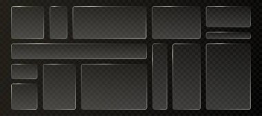 Şeffaf 3d efektli cam sıvı ui düğmesi - çeşitli boyutlarda ve oranlarda dikdörtgen çerçeve kutusu ögeleri, koyu arkaplan üzerinde modern arayüz tasarımı için parlak morfizm biçimi sınırları.