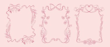 Coquette flower and ribbon frames set. Vector illustration of whimsical pink line borders decorated with floral design elements and bows, vintage style wedding invitation decor, elegant girly wreath
