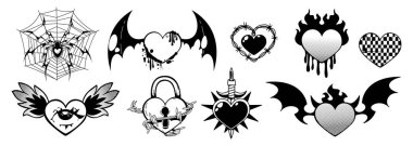 Gotik kalp dövmeleri beyaza izole edilmiş. Siyah aşk sembollerinin vektör çizimi y2k tasarımı göz, şeytan veya yarasa kanatları ile dekore edilmiş, kilit, mum, örümcek ağı, tel, alev, eski okul punk etiketleri