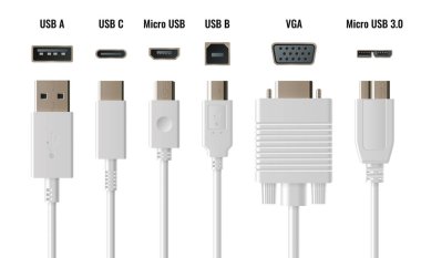 Çoklu konnektör tipli USB kablo seti - Tip A ve C, Micro ve USB B, VGA adaptörü. Bilgisayar, telefon ve dizüstü bilgisayar bağlantıları için krom kaplamalı beyaz gerçekçi modern standart kablolar.