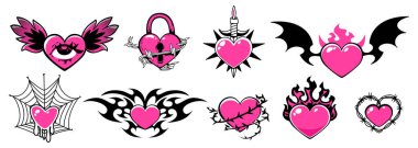 Gotik kalp dövmeleri beyaza izole edilmiş. Siyah ve pembe aşk sembollerinin vektör çizimi. Göz, şeytan kanatları, kilit, mum, örümcek ağı, tel, alev, eski okul punk etiketleri ile süslenmiş y2k tasarımı.