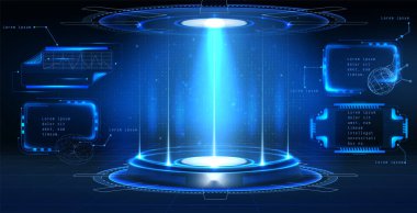 Yuvarlak podyum ve HUD veri çerçeveli gelecekten gelen bir laboratuvar. Neon mavisi hologram portalının vektör gerçekçi çizimi, sahnede parlak ışık demetleri, yüksek teknoloji dijital ekranlar, gelecekteki teknoloji, vr oyun ui