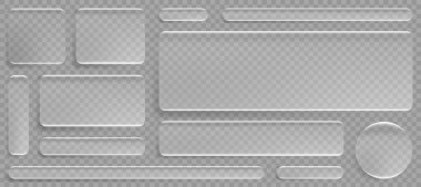 Şeffaf çerçeve efektli sıvı cam ui dikdörtgen düğme koleksiyonu - yuvarlak yuvarlak köşeli akrilik desenli kutular. Örtülü modeller ya da web ögeleri için modern 3d arayüz tasarım kiti.