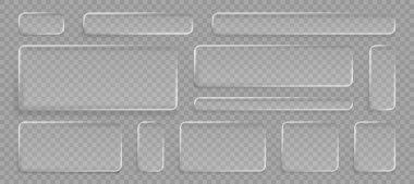Şeffaf çerçeve efektli sıvı cam ui dikdörtgen düğme koleksiyonu - yuvarlak yuvarlak köşeli akrilik desenli kutular. Örtülü modeller ya da web ögeleri için modern 3d arayüz tasarım kiti.