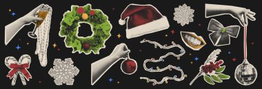 Siyah üzerine izole edilmiş klasik Noel yarım ton çıkartmaları. Tatil çelengi, Noel Baba şapkası, Noel ışıkları, disko topu ve içki bardağı tutan eller, gülümseyen kadın ağzı.