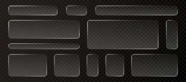 Şeffaf 3d efektli cam sıvı ui düğmesi - çeşitli boyutlarda ve oranlarda dikdörtgen çerçeve kutusu ögeleri, koyu arkaplan üzerinde modern arayüz tasarımı için parlak morfizm biçimi sınırları.
