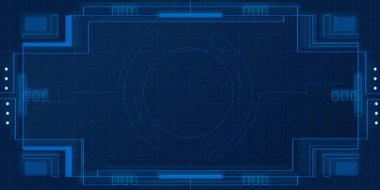 Siberpunk oyun arayüzü için HUD çerçeve UI teknik tasarımı. Fütüristik ekran dijital elementler ve holografik kenarlıklarla örtüşüyor. Bilim kurgu oyunları, VR uygulamaları ve uzay için modern teknoloji görüntüsü.