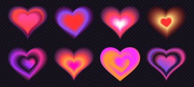 Y2k gradyan tarzında neon bulanık kalp etiketleri - pembe ve mor, turuncu ve yumuşak kırmızı şekiller şeffaf arkaplanda parlıyor. Sevgililer Günü tasarımları ve sosyal medya için romantik sembol seti