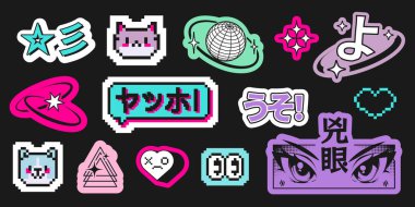 Y2k anime çıkartmaları siyah arka planda izole edilmiş. Piksel kalp ve yıldız simgelerinin vektör çizimi, Asya hiyeroglifleri, kız gözleri, sevimli kawai hayvanları, gezegen ikonu, modaya uygun gelecekçi emoji