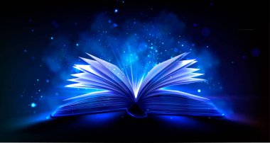 Fantezi arka planında sihirli ışık ışınları olan açık bir kitap. Parlak parıltıları, peri masalı atmosferi ve büyücü masalları, eğitim ve kütüphane kitabı konsepti için kutsal ışıltısı olan eski bir kitap.