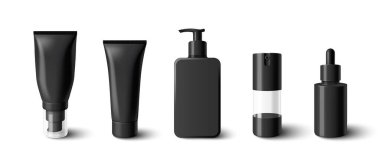 Beyaz arka planda siyah cilt modelleri var. 3D kozmetik kapları, plastik tüp, pompa kabı, güzellik bakım serumu için damlatıcı, krem, jel, sabun