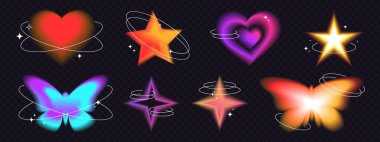 Aura ile y2k gradyan tarzında neon bulanık çıkartmalar - yumuşak kalp ve yıldız, yörünge halkaları ve parıltılarla çevrili kelebek şekilleri. Sosyal medya romantik dekorasyonları için soyut parlak unsurlar
