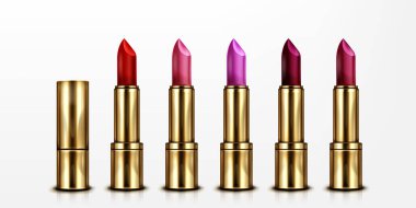 Ruj, altın tüpler ve beyaz arka planda renkli ipuçları ile ayarlandı. Gerçekçi 3D kozmetik koleksiyonu kırmızı, pembe ve mor tonlarda ve lüks ruj kutularıyla. Güzellik ürünleri ve makyaj malzemeleri.