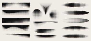 Gradyan solgunluk ve daire dokusuyla yarım ton nokta deseni ayarlandı. Soyut vektör arkaplanları ve ekran kenarlıkları, üçgen ve oval şekiller, grafik tasarım projeleri için ince tahıl.