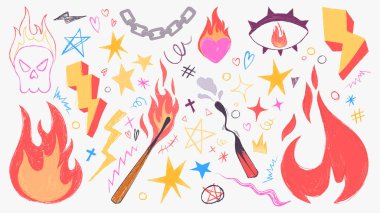 Grunge, el fırçası darbeleri, kafatası ve yıldırımlar, zincirler ve yanan bir kalple ateş vektör ikonu oluşturdu. İsyancı punk rock veya alternatif şehir tasarımı için graffiti şekilleri