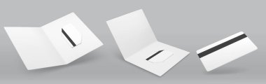 Beyaz plastik kartlar ve gri arka planda manyetik şeritli otelin giriş kartı. Markalaşma veya üyelik tasarımı için tutucusu olan gerçekçi 3B oda anahtarı şablonu koleksiyonu.
