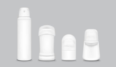 Beyaz deodorant modelleme koleksiyonu, rulo, sprey şişesi ve 3 boyutlu kozmetik tasarımı. Kişisel bakım markalaşması ve terleme önleyici ambalaj için kapaklı boş hijyen ürünü..