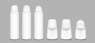 Beyaz deodorant maketi koleksiyonu, üzerinde rulo var ve 3D kozmetik tasarımlı sprey şişesi var. Boş hijyen ürünü, kapaklı ve kişisel bakım markalaşması ve terleme önleyici ambalajlar için açık..