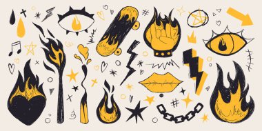 Grunge, punk rock elementleri, kaykay ve gözler, kibrit çöpleri ve dudakları sarı ve siyah renkli alev vektör ikonu seti. Asi gençlik kültürü için elle çizilmiş şekiller..
