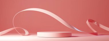 Pembe arka planda yuvarlak podyum ve kurdele. Güzellik ürünü sunumu, ödül töreni sahnesi, meme kanseri farkındalığı, tanıtım galerisi için 3D silindir platformunun gerçekçi sunumu