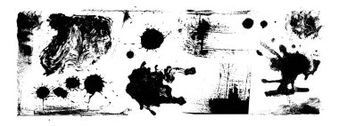 Soyut siyah boya darbeleri ve beyaz arka plandaki lekeler. Mürekkep lekeli posterlerin, kömür izlerinin desenlerinin, duvar yazısının pürüzlü lekelerinin, grunge afiş desenlerinin gerçekçi temsili.