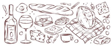 Elle çizilmiş karalama ikonlarıyla Fransız mutfağı resimleme seti. Masa örtüsü ve peynir üzerine ekmek, şarap ve kahvaltı malzemeleri. Ekmek ve tost, kahve fincanı ve şişeyle zeytin ve yumurta ayrıntıları..