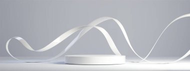 Gri zemin üzerinde akan beyaz kurdele dalgalı soyut 3D podyum. Pürüzsüz kıvrımlı flama tasarımlı zarif bir platform. Ürün gösterimi veya sunum amaçları için modern minimalist sahne.
