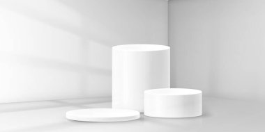 Beyaz podyum, yumuşak gölgeler ve minimum dizaynlı. Gri arka planda silindirik sahneleri olan temiz 3D platform görüntüsü. Geometrik kaideleri ve parlak stüdyo ışıklandırmasıyla modern ürün sergisi