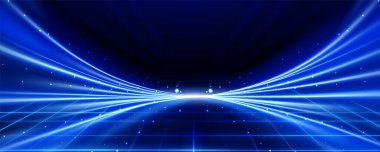 Parıldayan parçacıklarla mavi eğimli ufuk boyunca yayılan neon ışıkları. Parlak kirişleri ve parlak patikaları olan yüksek hızlı teknolojik hareket. Dinamik enerjinin gelecekteki dijital etkisi.