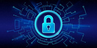 Üzerinde parlak asma kilit simgesi olan siber güvenlik kavramı koyu mavi arka planda fütüristik devre kartı elemanlarıyla çevrilidir. Veri koruması için neon halkalı dijital kilit sembolü ve teknolojik desenler.