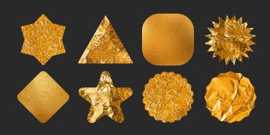 Buruşuk desenli ve altın mühür desenli altın folyo etiketi. Parlak gradyan bitiş çizgisine sahip prim sertifikaları veya ödüller, etiketler veya fiyat etiketleri için dairesel metalik rozet ve yıldız patlaması amblemi.