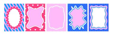 Canlı Y2K kalıplı dalgalı kenarlı kareli çerçeve koleksiyonu. Dikdörtgen ve oval şekiller, kıvrımlı çizgiler, kalpler ve çizgiler. Çıkartmalar ve etiketler için sevimli retro tasarımlar.
