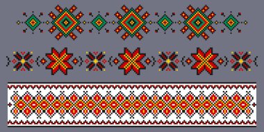 Geometrik dikiş tarzında geleneksel desenlerle işlenmiş Ukrayna nakış süsü. Halk vyshyvanka motifleri - etnik çapraz dikiş unsurları, çiçek sembolleri ve tekstil için sınır süslemeleri