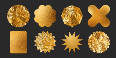 Buruşuk desenli ve altın mühür desenli altın folyo etiketi. Parlak gradyan bitiş çizgisine sahip prim sertifikaları veya ödüller, etiketler veya fiyat etiketleri için dairesel metalik rozet ve yıldız patlaması amblemi.