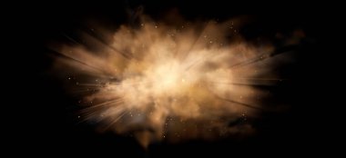 Kara zemin üzerinde uçan toz parçacıkları ve radyal ışık ışınlarıyla kum patlaması. Kahverengi çöl bulutu gerçekçi bir duman etkisi yaratıyor. Dinamik barutla kaplanmış kum fırtınası.