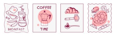 Kafe kahvaltı posterleri beyaz arka plana asılmış. Karalama kahve demliği ve fincanın vektör çizimi, sosisli sahanda yumurta, dikdörtgen ve dalgalı çerçeveli taze kruvasan ve simit, retro menü.