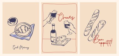 Fransız yemek posterleri, karalama tasarımı. Çizgili sanat kahvaltısının vektör çizimi ya da kahve fincanı ve kruvasan ile piknik posterleri, kadeh tokuşturan eller, taze fırınlanmış baget, kafeterya menüsü afişi