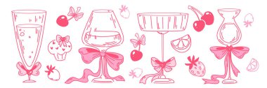 Beyaz arka planda meyve ve fiyonklu pembe kokteyl bardakları. Martini, şarap, şampanya, içecek, kek, kiraz ve çilek karışımının vektör çizimi, parti davetiyesi tasarımı