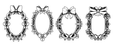 Beyaz üzerine izole edilmiş, yay desenli klasik çerçeveler. Barok tarzı oval armanın kurdele ve zarif kraliyet süsü ile sınırlarının vektör çizimi, duvar aynası veya resim için süsleme