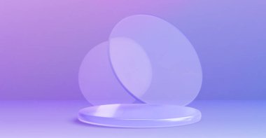Mor arka planda yuvarlak podyum ve cam morfizm dekorasyonu. Soyut pastel ürün sunum galerisinin dairesel eflatun sahneli, lüks kozmetik görünümlü gerçekçi temsili.
