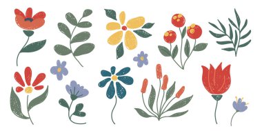 Boya kalemi çiçekleri beyaza sabitlenmiş. Şirin el çizimi pastel bitkilerin vektör çizimi, parlak renk çiçek tasarımı, botanik bahçesi veya kır çiçeği tarlası unsurları, tebrik kartı dekorasyonu