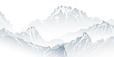Beyaz üzerinde mavi nokta deseni olan tahıl dağı arkaplanı. Yüksek zirveleri, kar zirveleri, renk spreyi efektleri, yarım ton gradyan tasarımı, nokta sanatı olan dağ sırtı manzarasının vektör çizimi