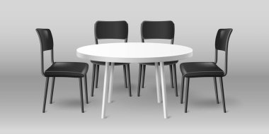 3 boyutlu masa ve sandalyeler arka planda izole edilmiş. Sergi kabini, ofis konferans odası, ev mutfağı veya yemek alanı, iç tasarım unsurları için basit mobilyaların gerçekçi temsili