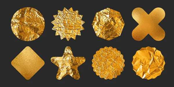 Buruşuk desenli ve altın mühür desenli altın folyo etiketi. Parlak gradyan bitiş çizgisine sahip prim sertifikaları veya ödüller, etiketler veya fiyat etiketleri için dairesel metalik rozet ve yıldız patlaması amblemi.