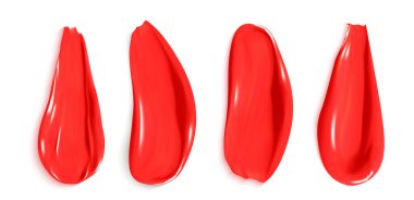 Kırmızı yağlı boya vuruşları beyaza izole edilmiş. Akrilik boya fırçasının gerçekçi bir temsili, pürüzsüz desenli suluboya lekeleri, yüzeyde dudak parlatıcısı örnekleri, makyaj malzemesi.