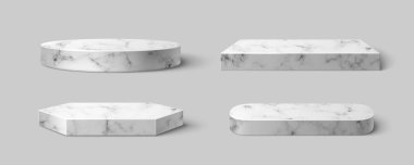 Arka planda izole edilmiş 3 boyutlu geometrik mermer platformlar. Ürün sunumu için lüks yuvarlak, kare, altıgen, oval taş aşaması, iç tasarım elementinin gerçekçi temsili