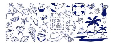 Bikini, denizyıldızı, deniz kabuğu ve tropikal ikonlu eskiz klasik plaj elementleri. El yapımı hindistan cevizi suyu ve martı koleksiyonu, palmiye ağacı adası ve kıyı tatili retro sembolleri.