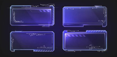 Kullanıcı arayüzü tasarımı için fütürist HUD çerçeveleri ayarlandı. AI teknolojisi için neon mavi dikdörtgen kenarlıkların vektör gerçekçi illüstrasyonuName