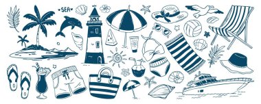 Palmiye ağaçları, deniz feneri, deniz kabukları ve deniz simgeleriyle çizilmiş klasik bir plaj vektörü. El çizimi tropikal elementler, aksesuarlar ve sahil tatil sembolleri koleksiyonu.